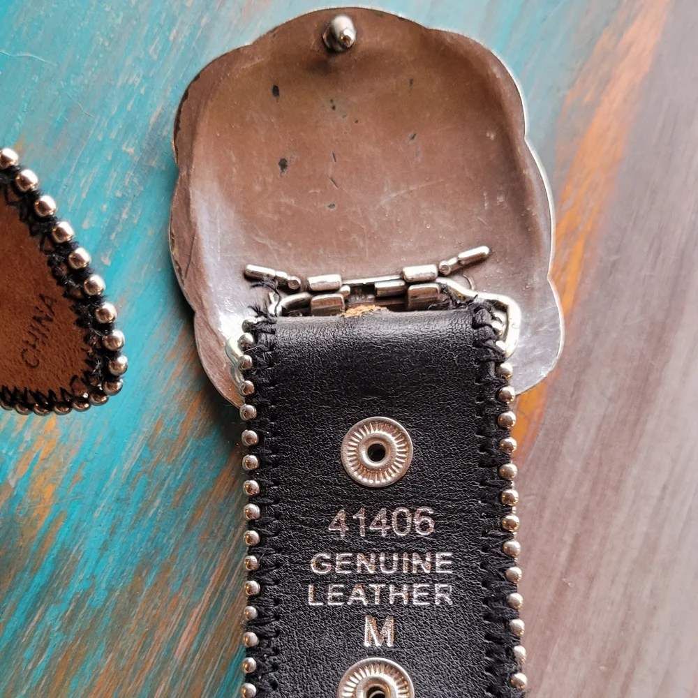 Bill Adler Design Black Leather Belt with Clear Crystals And Conchos - Picture 2 of 5